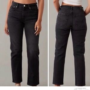 American Eagle Super High Rise Ankle Straight Distressed Black Jeans 16 Stretch